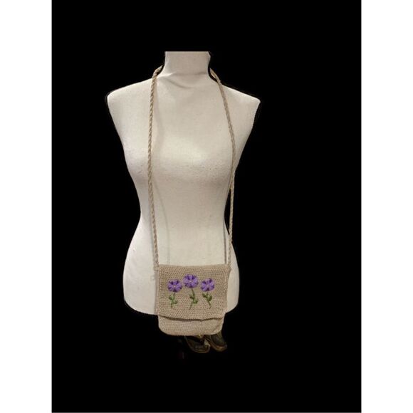 La Rue C/B Embroidered Crocheted Mini-Purse&Coin Purse Beige Purple 7-1/2x6-1/4” - Picture 1 of 11